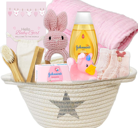 New Baby Girl Gift Basket for a New mom Pink Baby Gift Set. Welcome Baby Care Package All w/Newborn Essentials Bundle for Expecting Moms Baby Shower, After Labor (9 pc)