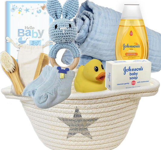 New Baby Boy Gift Basket (9 pc) Light Blue Baby Gift Set. Welcome Baby Care Package All wNewborn Essentials Bundle for Expecting Moms Baby Shower, After Labor Hospital Gift for New Mother and Baby