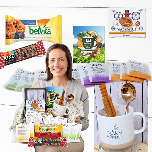 Perfect TEA LOVERS gift for women/men, mother's day mom gift, Tazo tea bags, Mug, Cookies, Honey, cinnamon, GET WELL SOON gift, thinking of you or thank you care package gift basket
