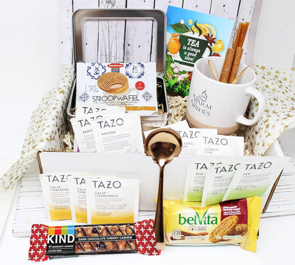 Perfect TEA LOVERS gift for women/men, mother's day mom gift, Tazo tea bags, Mug, Cookies, Honey, cinnamon, GET WELL SOON gift, thinking of you or thank you care package gift basket