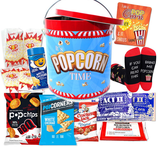 Perfect POPCORN LOVER Movie Night. Gift set, Game Night Snacks Gift Basket box | w/Socks, Tin, Popcorn Variety, Birthday gift for Kids or Family, Graduation, College