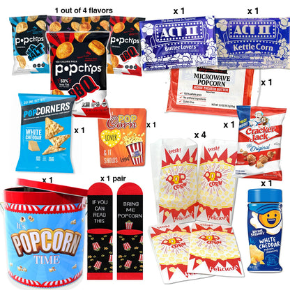 Perfect POPCORN LOVER Movie Night. Gift set, Game Night Snacks Gift Basket box | w/Socks, Tin, Popcorn Variety, Birthday gift for Kids or Family, Graduation, College