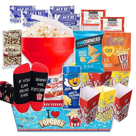 POPCORN LOVER Movie night Gift Basket care package - for family or Birthday gift snack variety or Popcorn seasoning, w/Hot Air Popcorn maker & Funny socks, the Ultimate gift box