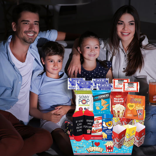 POPCORN LOVER Movie night Gift Basket care package - for family or Birthday gift snack variety or Popcorn seasoning, w/Hot Air Popcorn maker & Funny socks, the Ultimate gift box