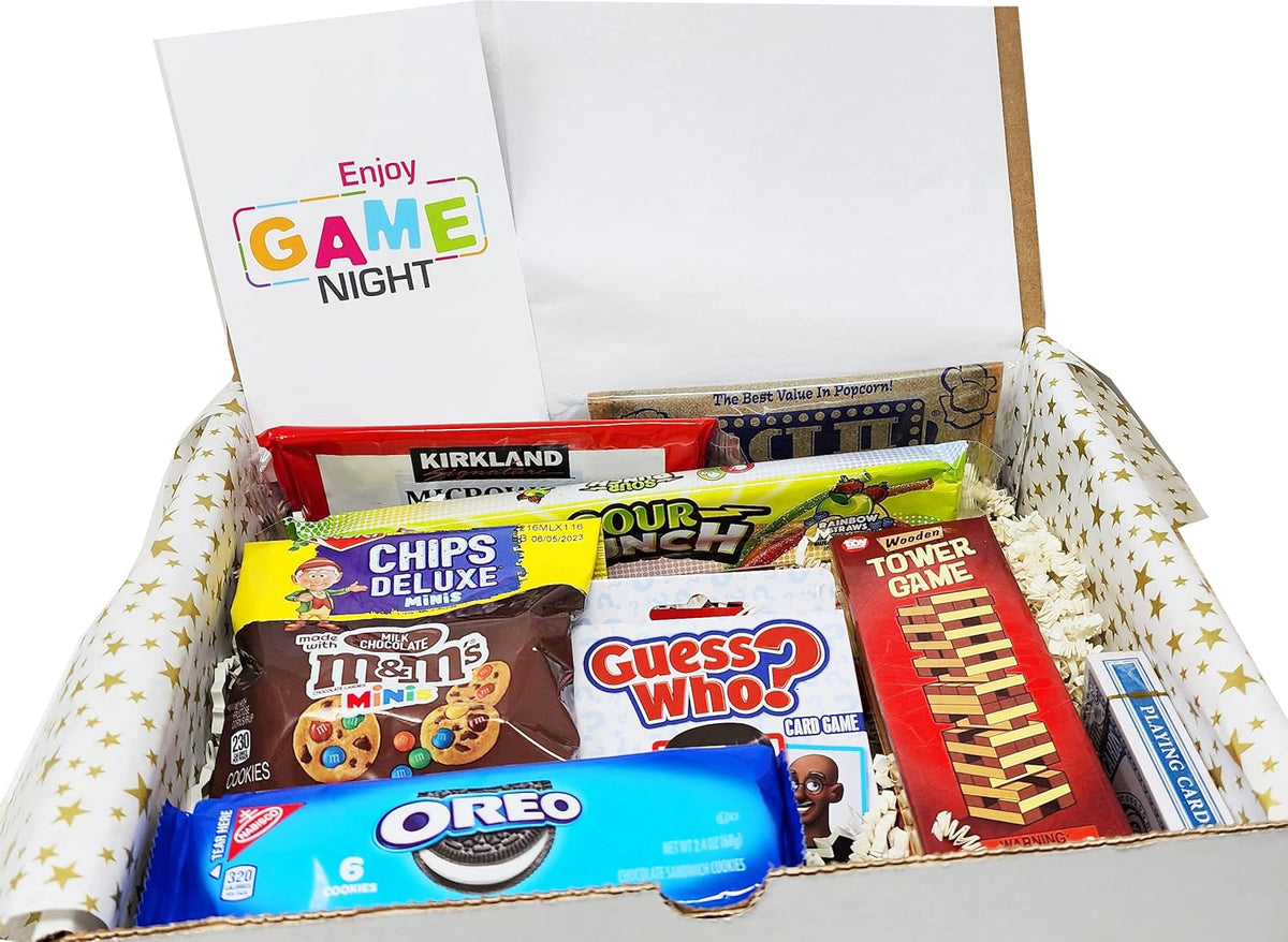 The Ultimate Game Night Gift Baskets for Family, Kids, Teens & Adults | Playing Cards & Snacks & Candy Gift Box for Teenage Birthday | Great Family Games & Movie Night or college, care package