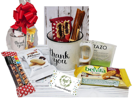 THANK YOU Gift basket in a Coffee mug, w/snacks, candy care package for Friend, Employee Coworker gift Gratitude, Cookies & Bars for Nurse, Doctor, Teacher appreciation, sister, Boss, Candy in a mug