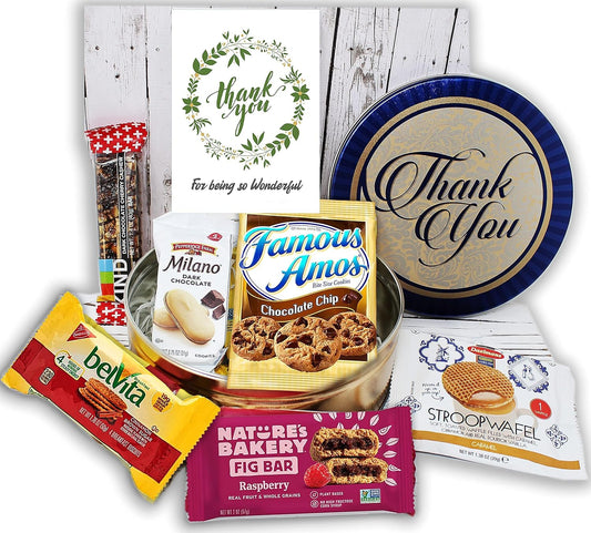 THANK YOU Gift basket in a tin, snacks care package for Friend, Coworker, & Gratitude, variety box cookies & bars for Nurse, Doctor, Teacher appreciation, sister, Employee, Boss
