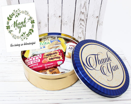 THANK YOU Gift basket in a tin, snacks care package for Friend, Coworker, & Gratitude, variety box cookies & bars for Nurse, Doctor, Teacher appreciation, sister, Employee, Boss