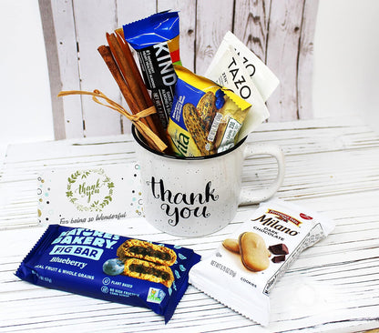 THANK YOU Gift basket in a Coffee mug, w/snacks, candy care package for Friend, Employee Coworker gift Gratitude, Cookies & Bars for Nurse, Doctor, Teacher appreciation, sister, Boss, Candy in a mug