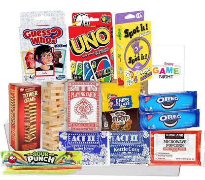 The Ultimate Game Night Gift Baskets for Family, Kids, Teens & Adults | Playing Cards & Snacks & Candy Gift Box for Teenage Birthday | Great Family Games & Movie Night or college, care package
