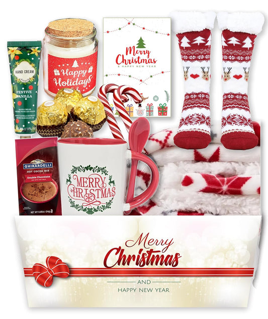 The ultimate CHIRISTMAS & Holiday Gift basket set for women, with blanket, Socks snacks, mug candle, variety gift box Christmas Holiday Gift Care package | gift basket for wife, mom, mother, grandma, sister, friend or aunt