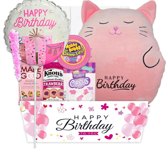 The Ultimate Birthday Gift Basket for Girls | variety pack with a Happy Birthday Pink Squishy, Balloon Care Package w/snacks & Candy, girl, teenage, Granddaughter