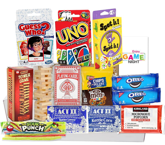 The Ultimate Game Night Gift Baskets for Family, Kids, Teens & Adults  Playing Cards & Snacks & Candy Gift Box for Teenage Birthday  Great Family Games & Movie Night or college, care package