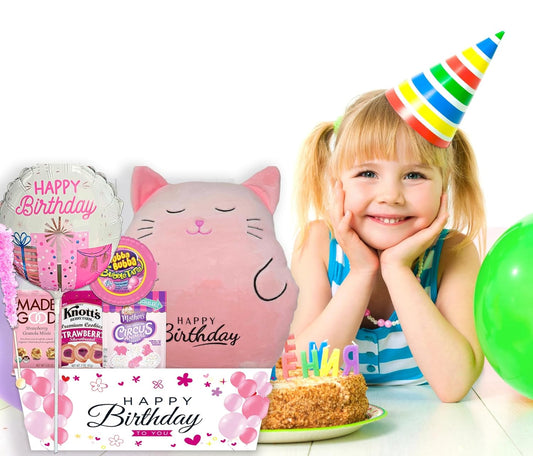 The Ultimate Birthday Gift Basket for Girls | variety pack with a Happy Birthday Pink Squishy, Balloon Care Package w/snacks & Candy, girl, teenage, Granddaughter