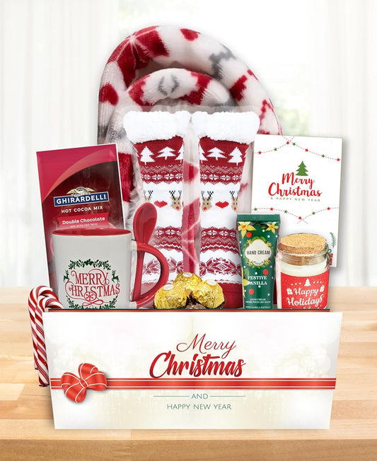 The ultimate CHIRISTMAS & Holiday Gift basket set for women, with blanket, Socks snacks, mug candle, variety gift box Christmas Holiday Gift Care package | gift basket for wife, mom, mother, grandma, sister, friend or aunt