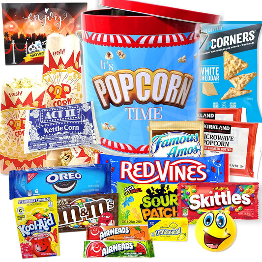 Ultimate Movie Night Gift Basket Snacks, Full-Size candy variety POPCORN LOVER box for Kids and teens, College Students, recovery gift, Family or birthday Gift w/Candy