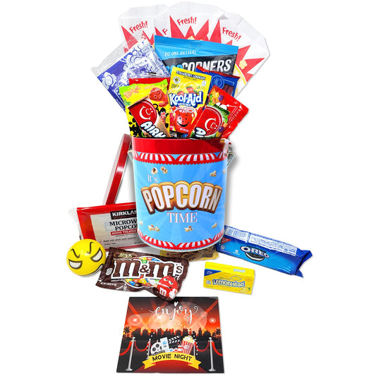 Ultimate Movie Night Gift Basket Snacks, Full-Size candy variety POPCORN LOVER box for Kids and teens, College Students, recovery gift, Family or birthday Gift w/Candy