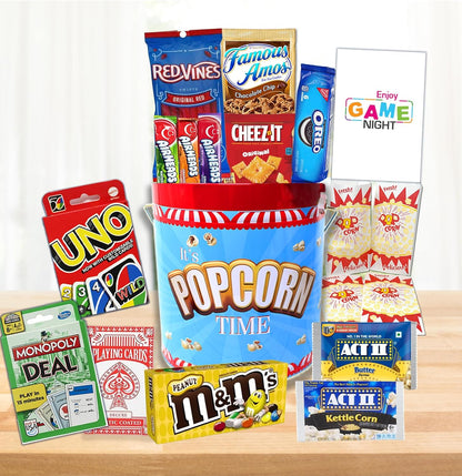 Ultimate Game Night Gift Basket – In a reusable popcorn Tin container, w/Classic Card Games, Popcorn, Snacks & Candy for Family Fun!" Birthday gift, movie night gift or party