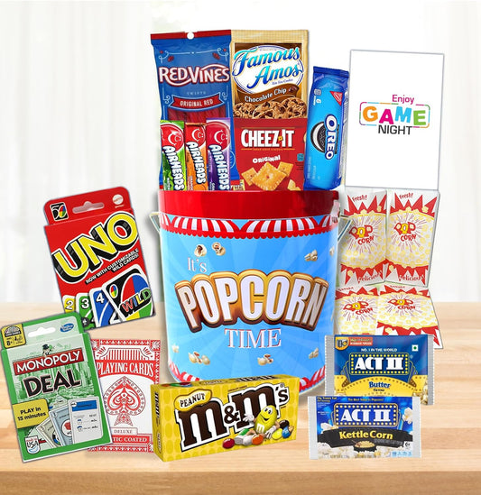Ultimate Game Night Gift Basket – In a reusable popcorn Tin container, w/Classic Card Games, Popcorn, Snacks & Candy for Family Fun!" Birthday gift, movie night gift or party