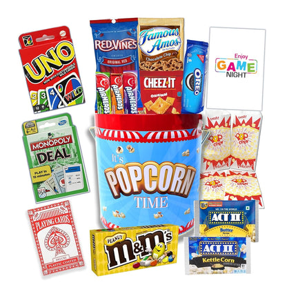 Ultimate Game Night Gift Basket – In a reusable popcorn Tin container, w/Classic Card Games, Popcorn, Snacks & Candy for Family Fun!" Birthday gift, movie night gift or party