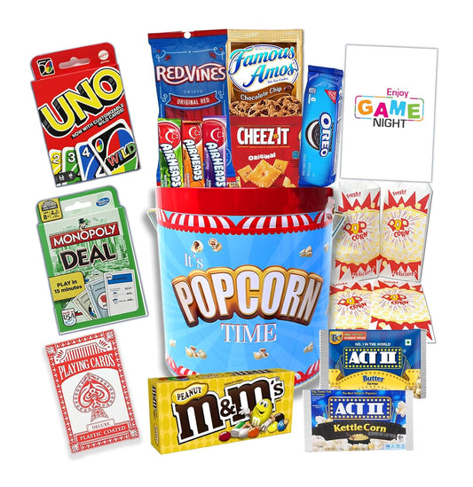 Ultimate Game Night Gift Basket – In a reusable popcorn Tin container, w/Classic Card Games, Popcorn, Snacks & Candy for Family Fun!" Birthday gift, movie night gift or party