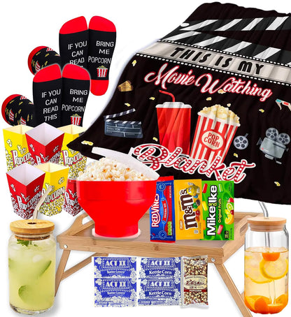 Ultimate Movie Night Gift Basket, HOUSEWARMING Gift for couples, Variety Care Package w/ Snacks, Full-Size candy variety POPCORN LOVER box for couple new house gift set, Family or birthday Gift w/Candy & Blanket