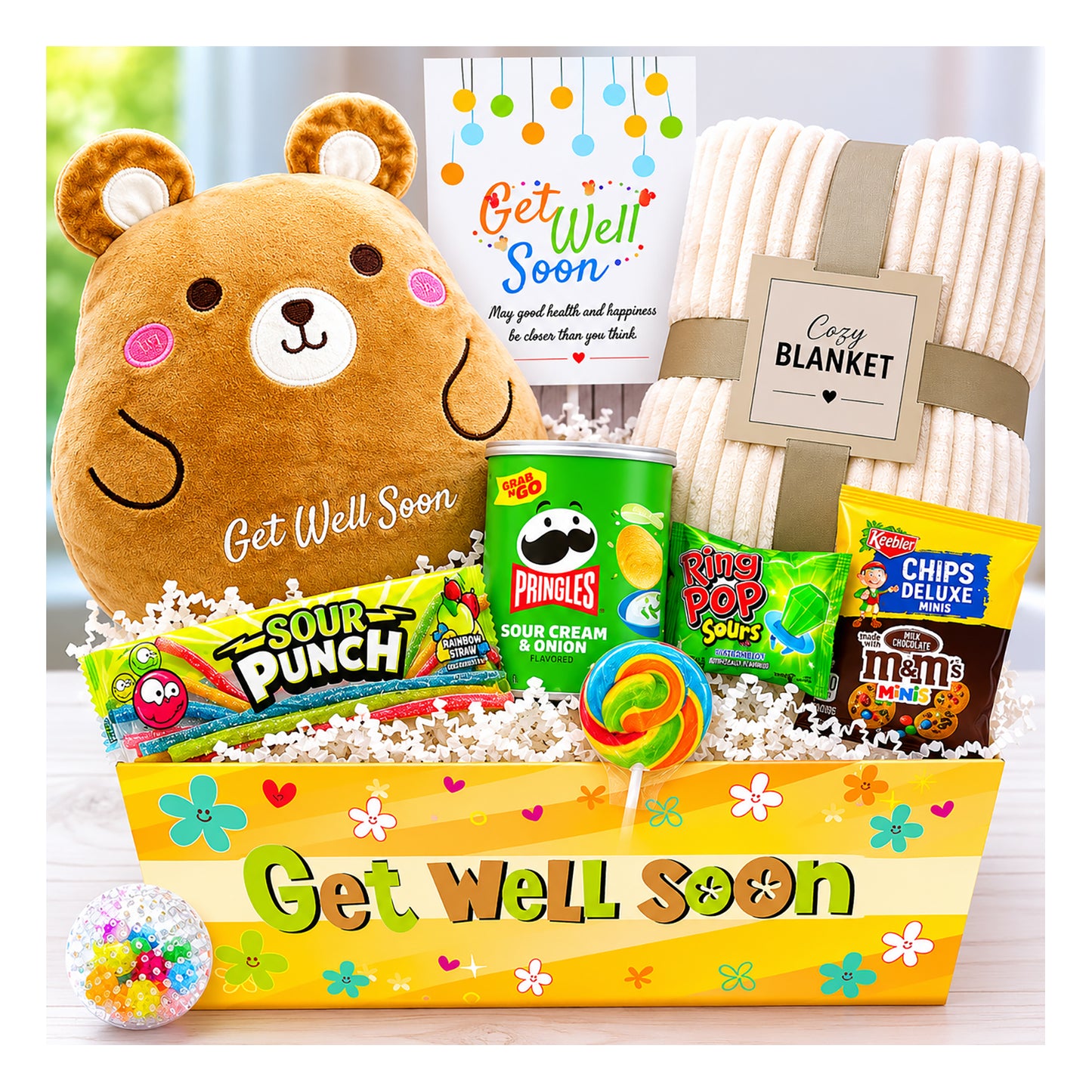 Kids Get Well Soon Gift Basket – Cozy Blanket, Plush Pillow, Candy & Snack Care Package for Children