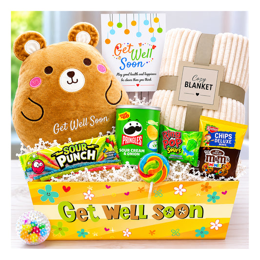 Kids Get Well Soon Gift Basket – Cozy Blanket, Plush Pillow, Candy & Snack Care Package for Children