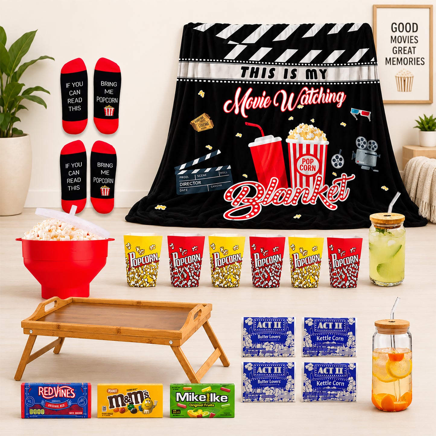Movie Night Care Package – Popcorn, Full Size Candy & Blanket Gift Basket for Couples & Families