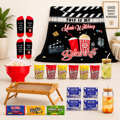 Movie Night Care Package – Popcorn, Full Size Candy & Blanket Gift Basket for Couples & Families