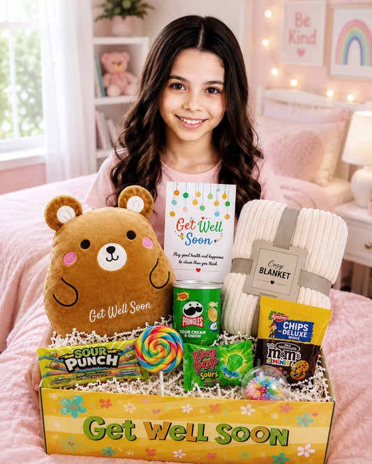 Kids Get Well Soon Gift Basket – Cozy Blanket, Plush Pillow, Candy & Snack Care Package for Children