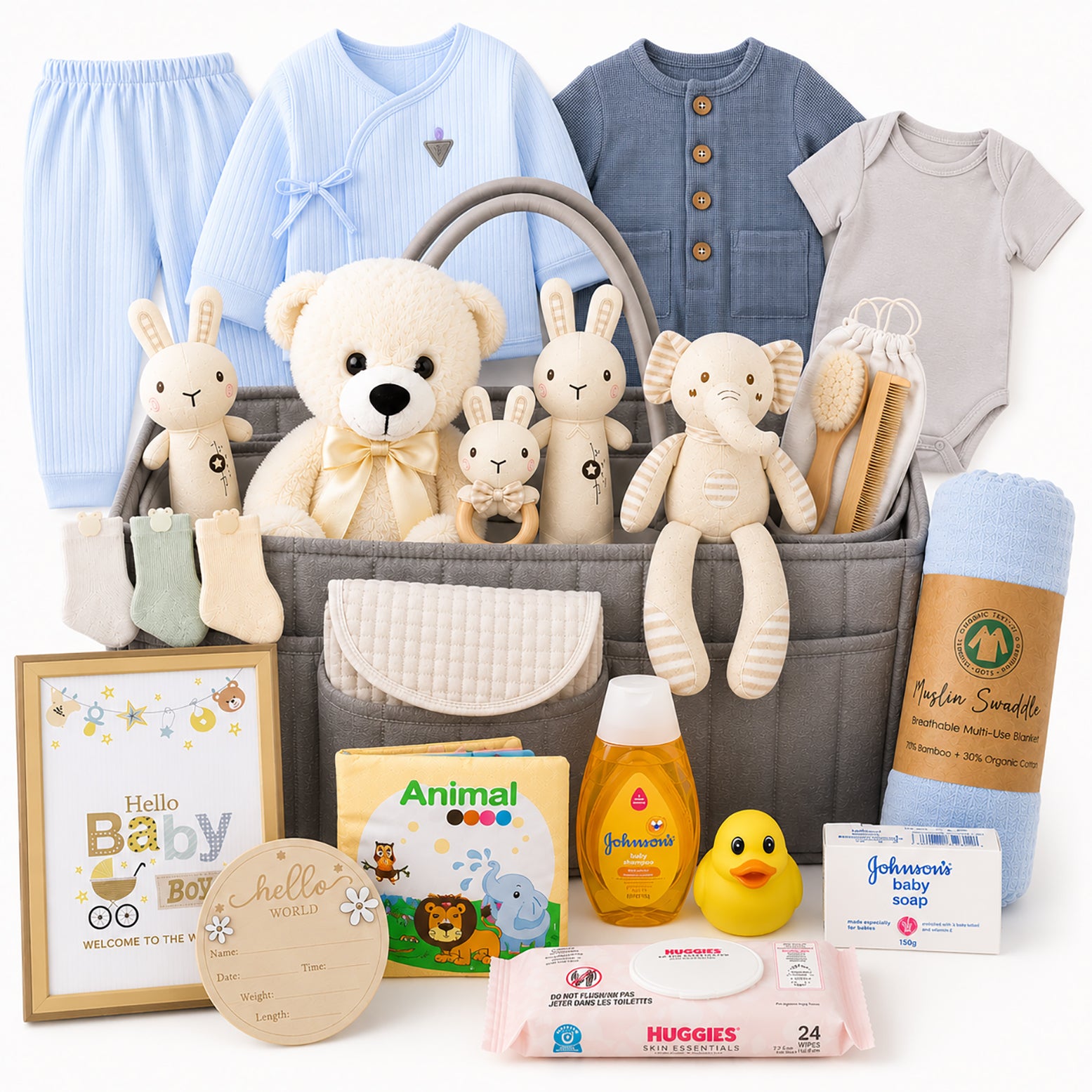 New Baby Boy Gift Basket in Diaper Bag, Grey & Blue Baby Shower Gift Set for New Mom, Newborn Essentials Bundle, Welcome Baby After Labor Gift Beyond The Box