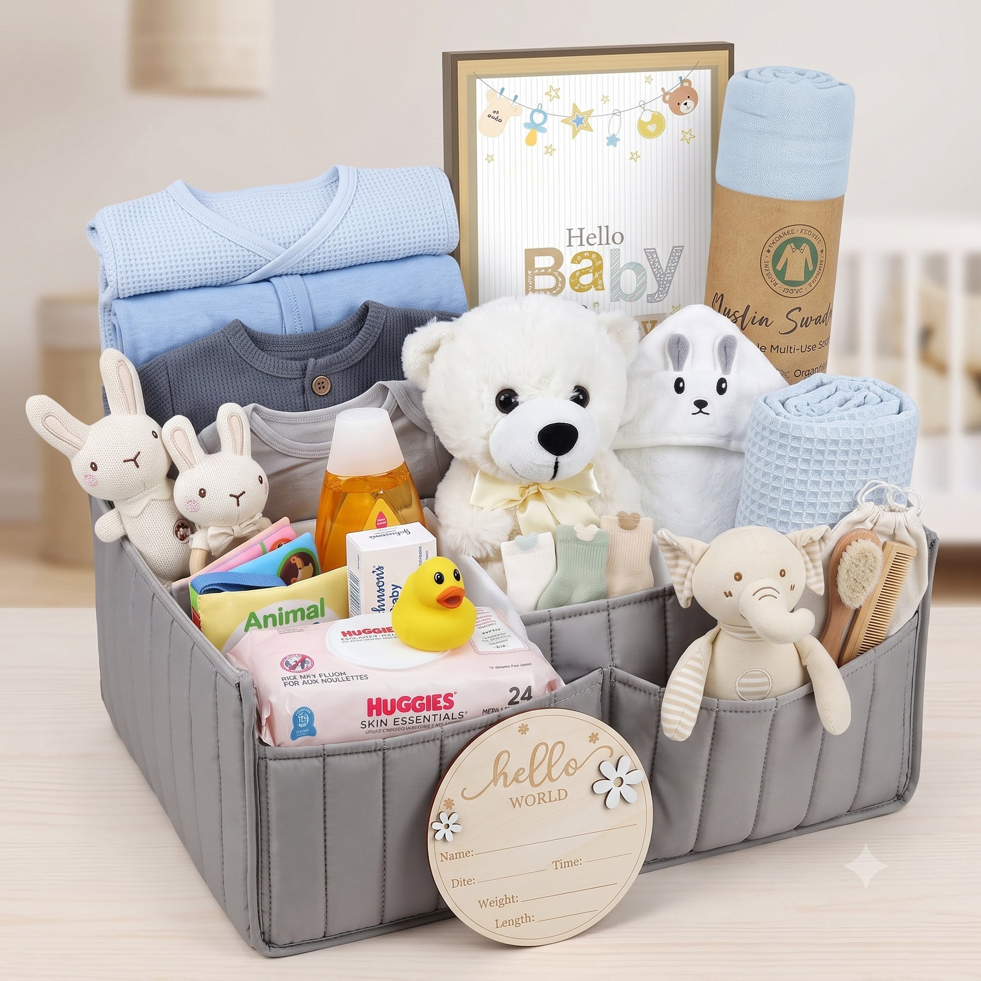 New Baby Boy Gift Basket in Diaper Bag, Grey & Blue Baby Shower Gift Set for New Mom, Newborn Essentials Bundle, Welcome Baby After Labor Gift Beyond The Box