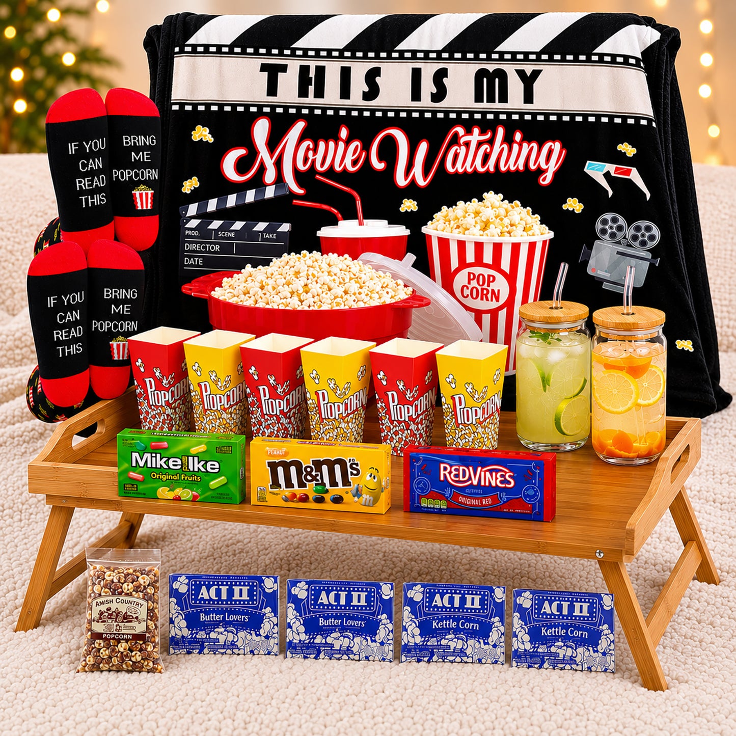 Movie Night Care Package – Popcorn, Full Size Candy & Blanket Gift Basket for Couples & Families