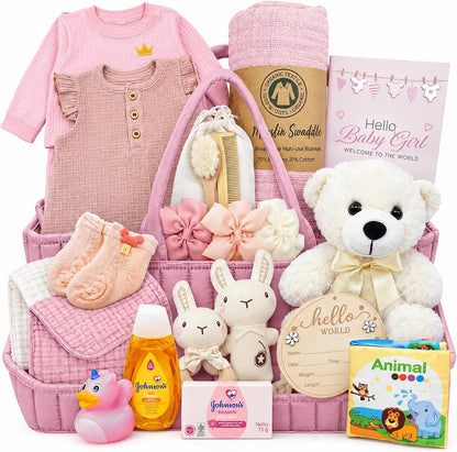 New Baby Diaper Bag Caddy Organizer, New Baby Girl Gift Basket gift set | w/Newborn Essentials Care, with baby clothes Keepsakes & More Pink & White Beyond The Box