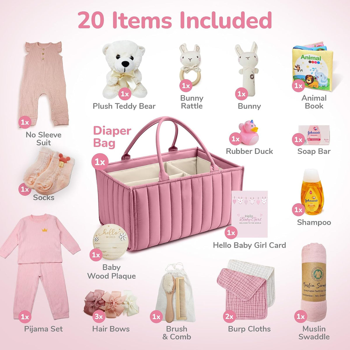 New Baby Diaper Bag Caddy Organizer, New Baby Girl Gift Basket gift set | w/Newborn Essentials Care, with baby clothes Keepsakes & More Pink & White Beyond The Box