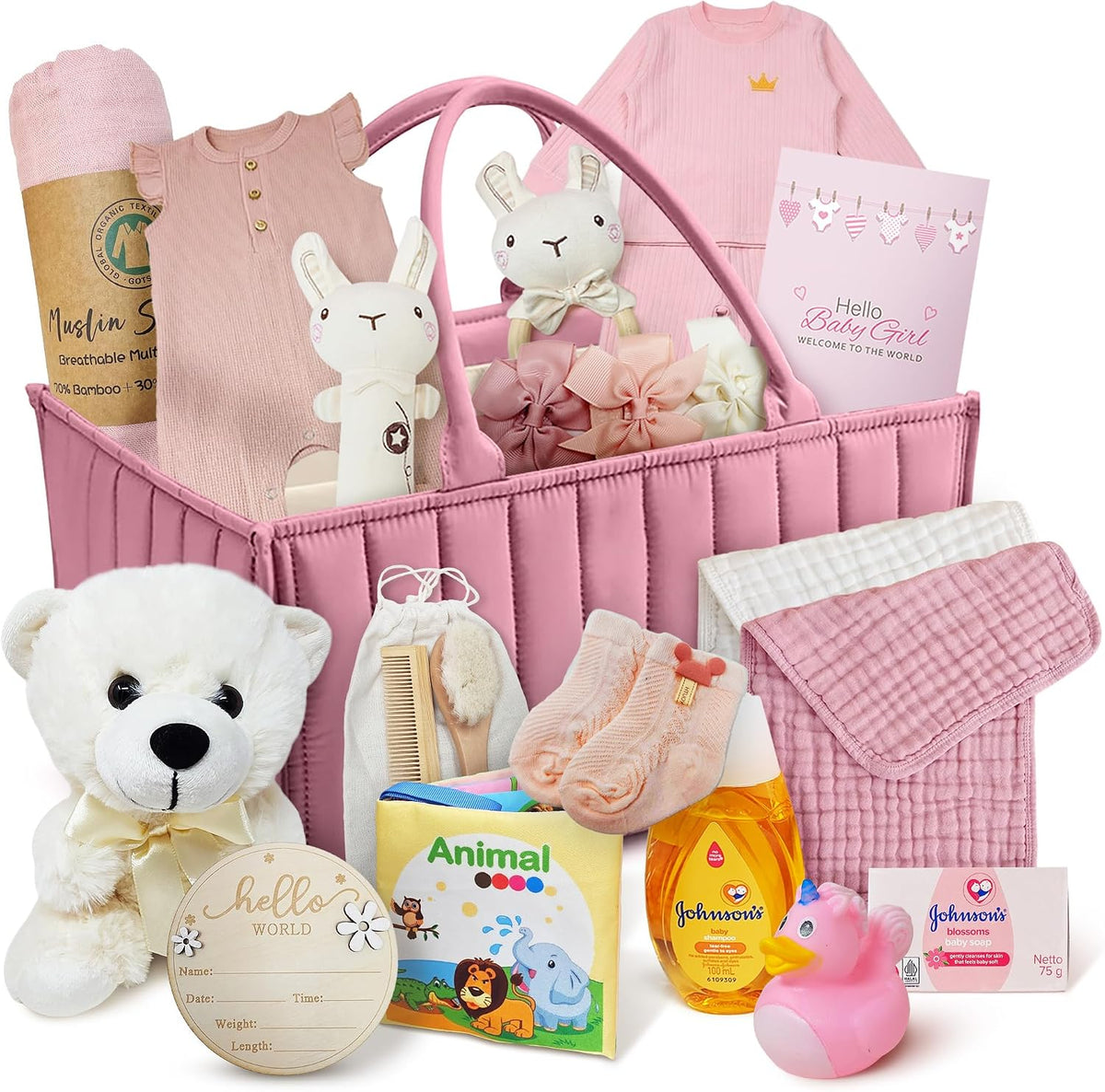 New Baby Diaper Bag Caddy Organizer, New Baby Girl Gift Basket gift set | w/Newborn Essentials Care, with baby clothes Keepsakes & More Pink & White Beyond The Box
