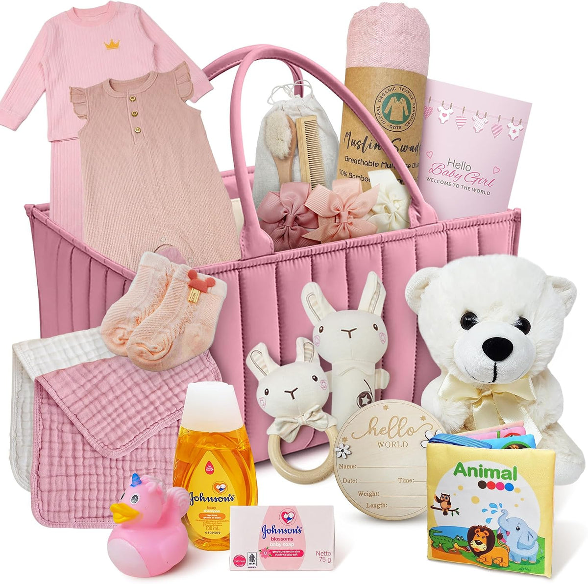 New Baby Diaper Bag Caddy Organizer, New Baby Girl Gift Basket gift set | w/Newborn Essentials Care, with baby clothes Keepsakes & More Pink & White Beyond The Box