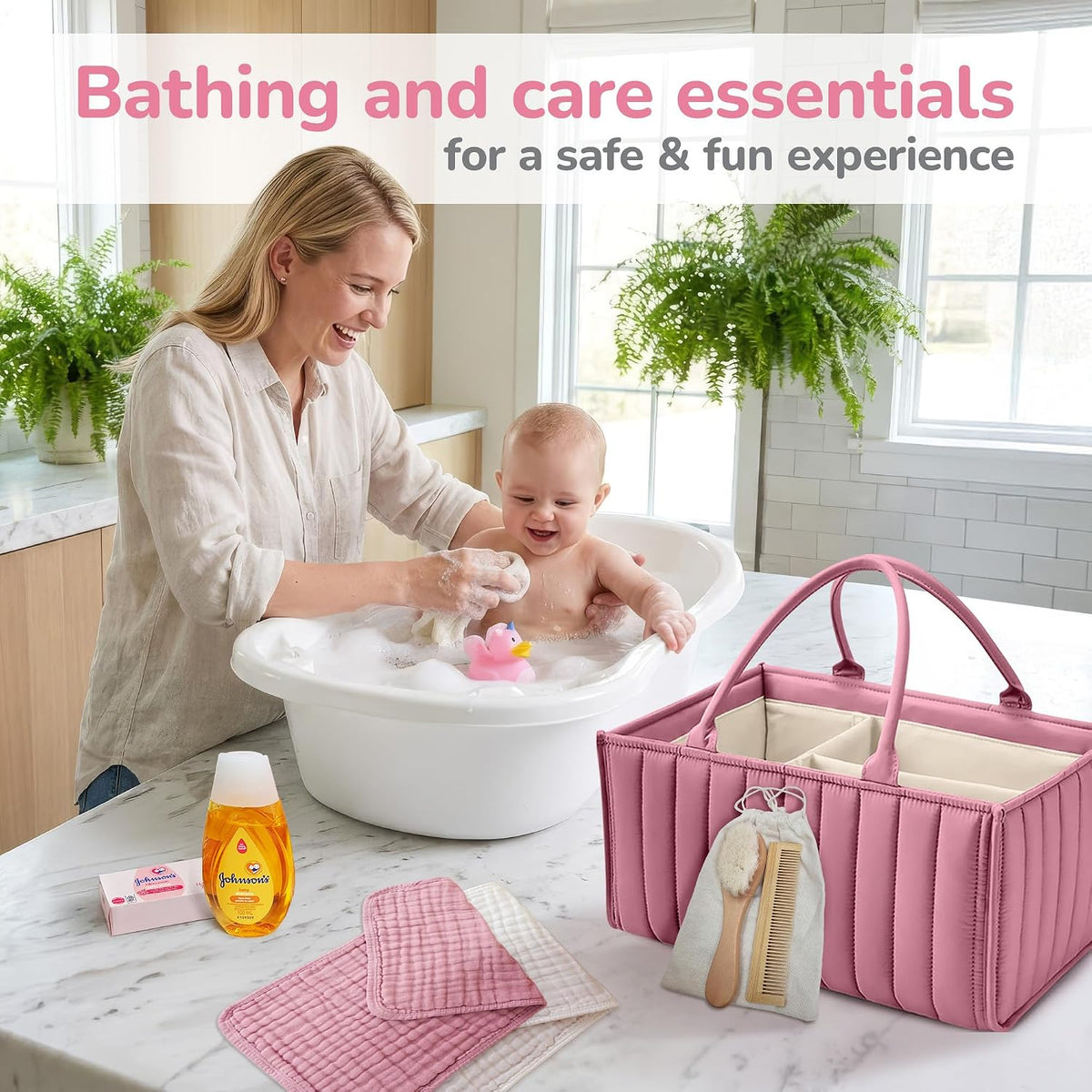 New Baby Diaper Bag Caddy Organizer, New Baby Girl Gift Basket gift set | w/Newborn Essentials Care, with baby clothes Keepsakes & More Pink & White Beyond The Box