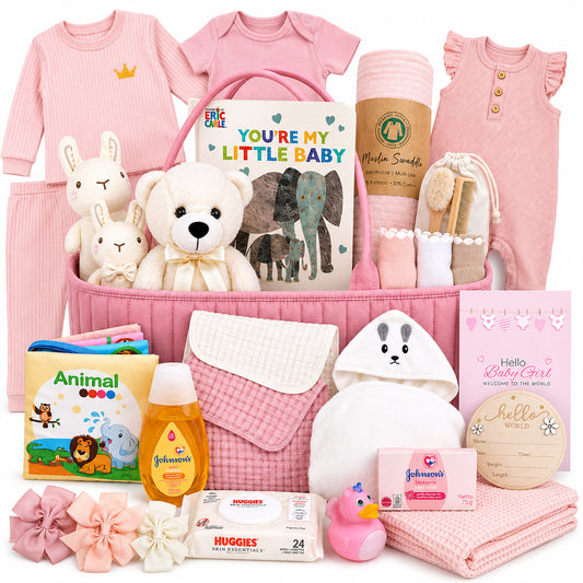 Premium New Baby Girl Gift Basket – Diaper Caddy with Newborn Essentials & Elephant Plush Toy Beyond The Box