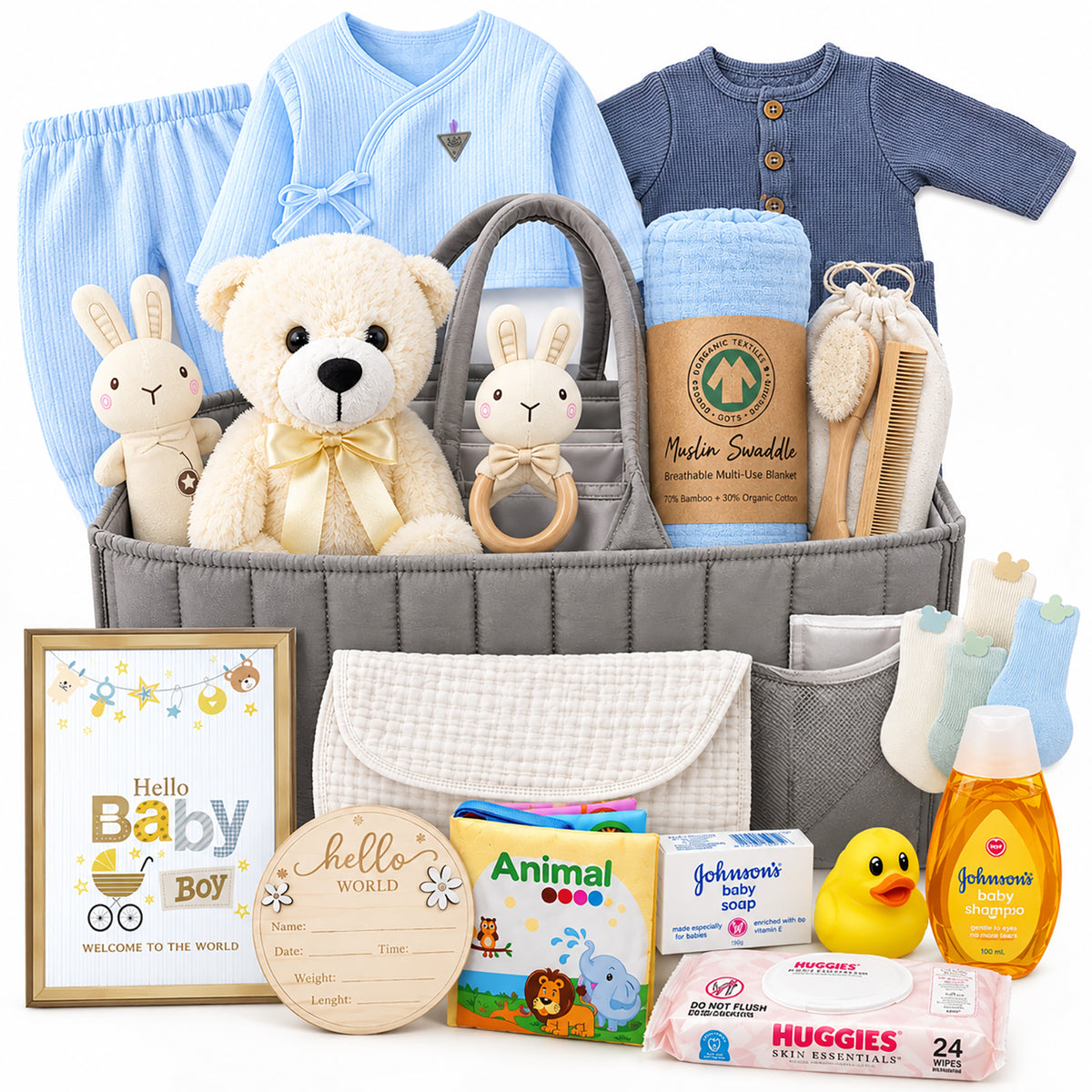 Baby Boy Gift Basket in Diaper Bag, Grey &amp; Blue Newborn Essentials Set for New Moms, Baby Shower Gift, Welcome Baby Care Package After Labor Beyond The Box
