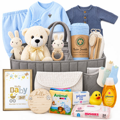 Baby Boy Gift Basket in Diaper Bag, Grey &amp; Blue Newborn Essentials Set for New Moms, Baby Shower Gift, Welcome Baby Care Package After Labor Beyond The Box