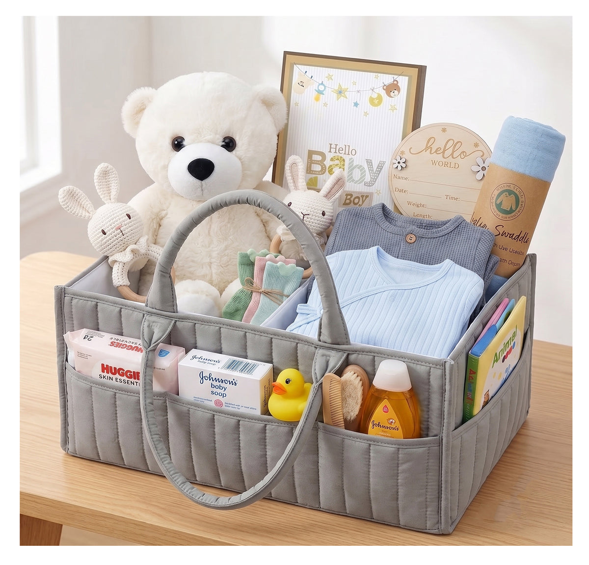 Baby Boy Gift Basket in Diaper Bag, Grey &amp; Blue Newborn Essentials Set for New Moms, Baby Shower Gift, Welcome Baby Care Package After Labor Beyond The Box